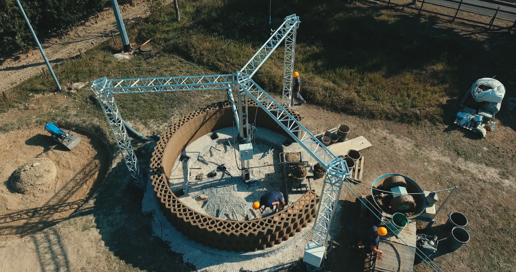 The Gaia eco-house 3D printed using the WASP CRANE. Image via WASP.